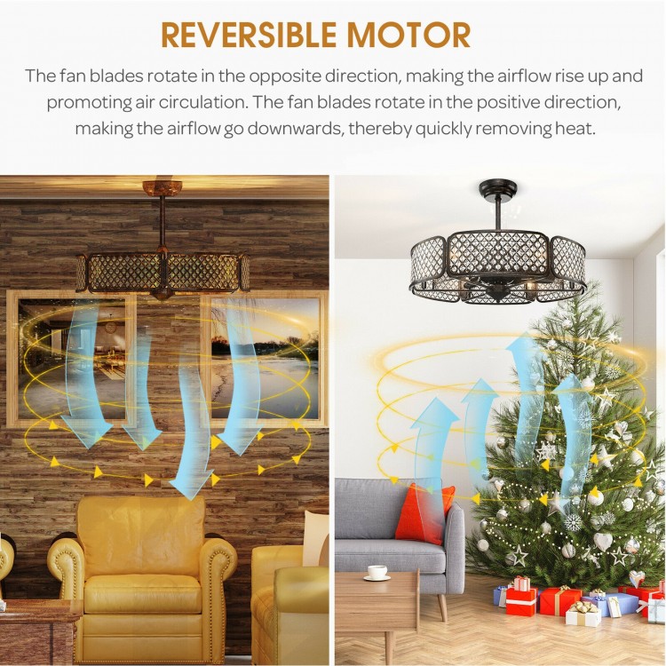 30-inch caged ceiling fan with light, featuring a reversible motor for year-round comfort and remote control.