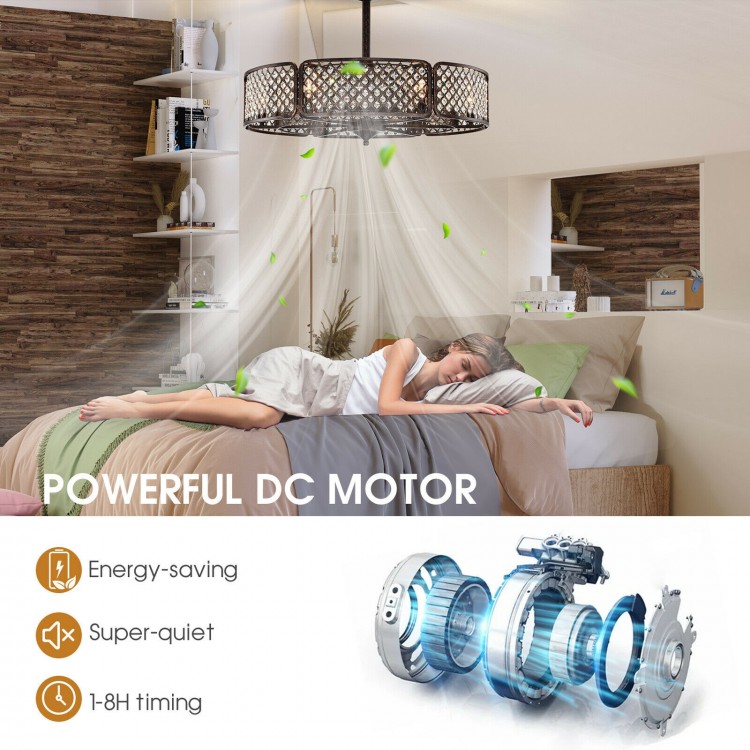 30-inch caged ceiling fan with light, coffee color, featuring a powerful DC motor and remote control for convenient.