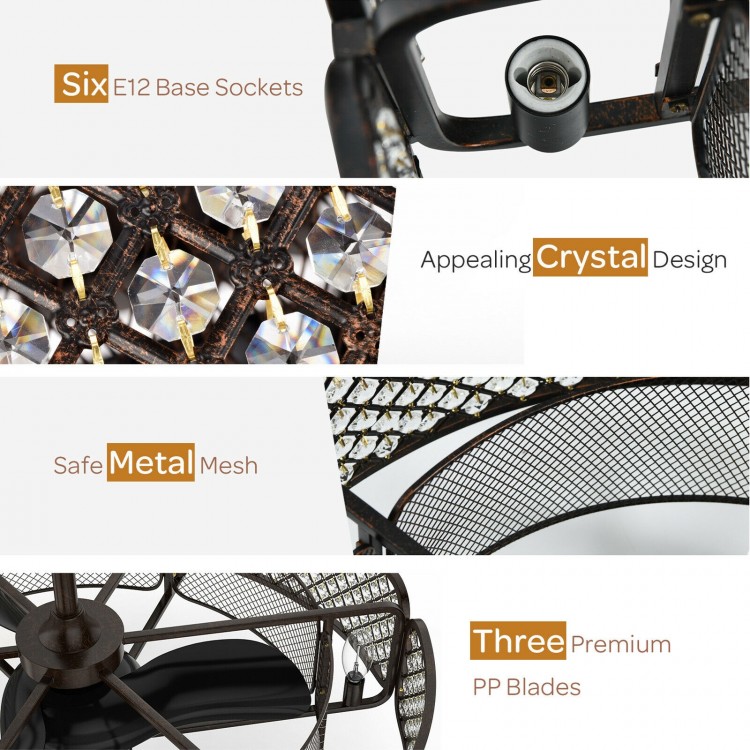 Caged ceiling fan with light, featuring crystal design, six E12 base sockets, and safe metal mesh for versatile use.