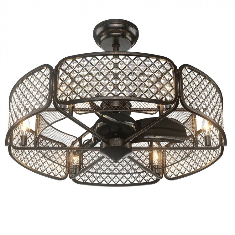 Caged ceiling fan with light, crystal lampshade, 6 light bases in coffee color, ideal for living room or bedroom.