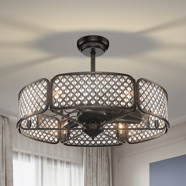 30-inch caged ceiling fan with light, coffee color, featuring a crystal lampshade and remote control for versatile use.