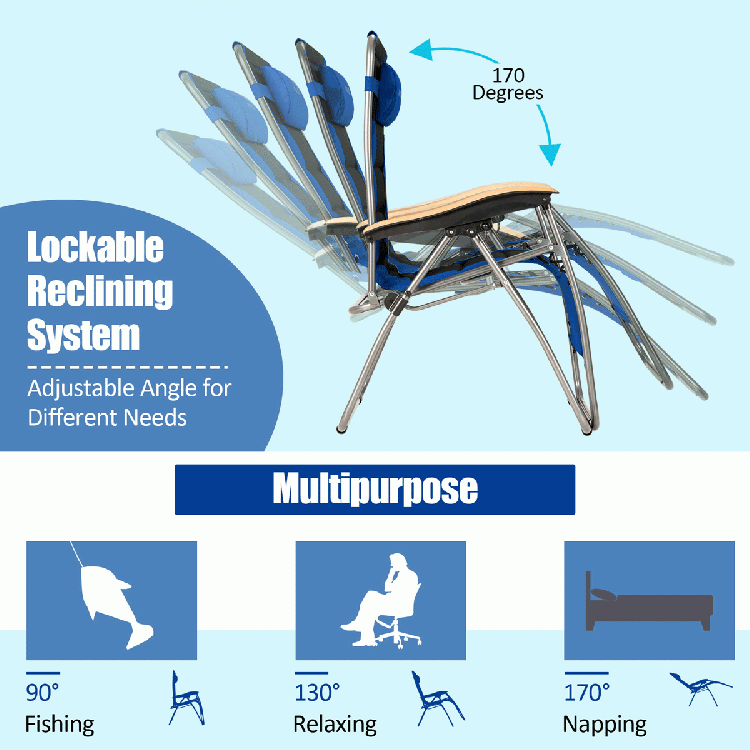 Oversize blue zero gravity lounge chair with adjustable reclining angles, ergonomic padded seat, and curved armrests.