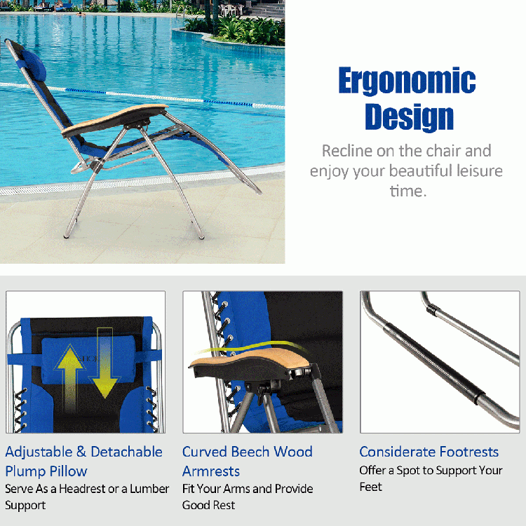 Oversize blue zero gravity lounge chair with adjustable reclining angle, padded seat, and curved beech wood armrests.