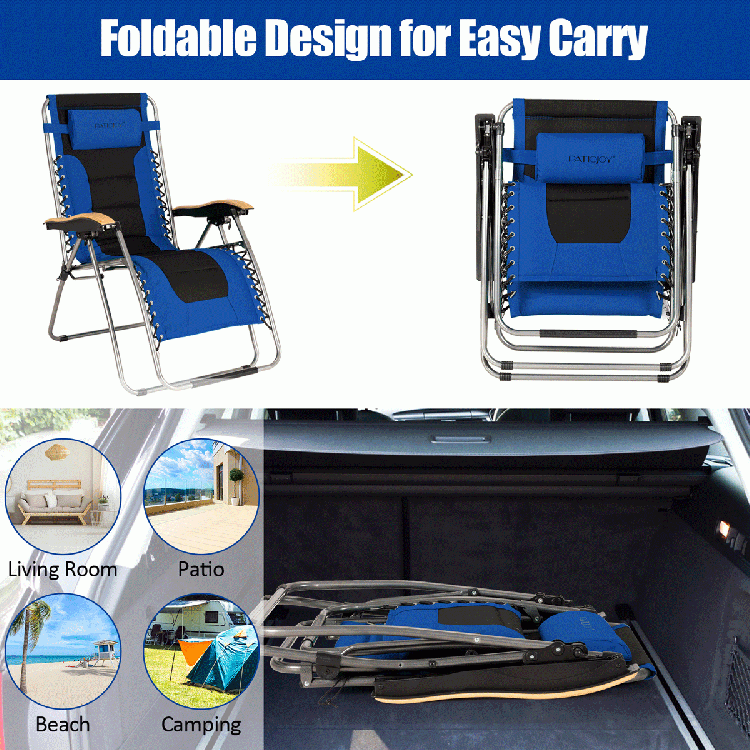 Oversize blue folding adjustable zero gravity lounge chair with padded seat, perfect for camping or backyard relaxation.