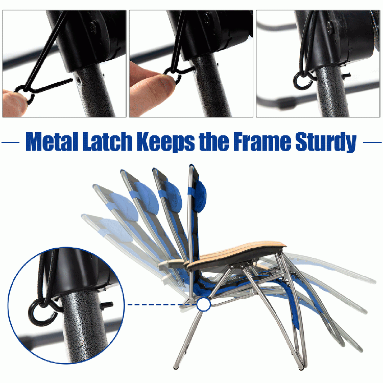 Close-up of the metal latch on the blue oversized folding zero gravity lounge chair for added stability and safety.