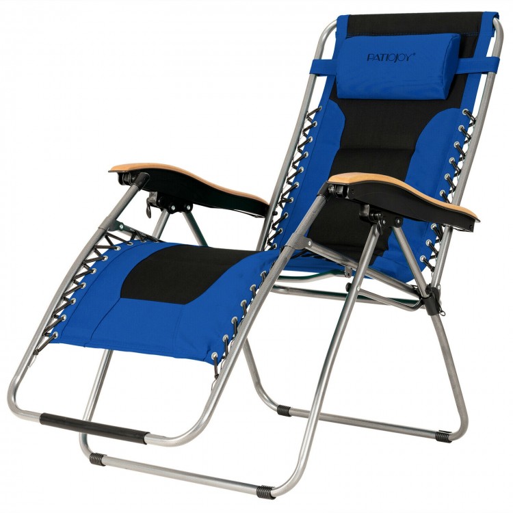 Oversize blue zero gravity lounge chair with padded seat, adjustable reclining angle, and curved armrests for comfort.
