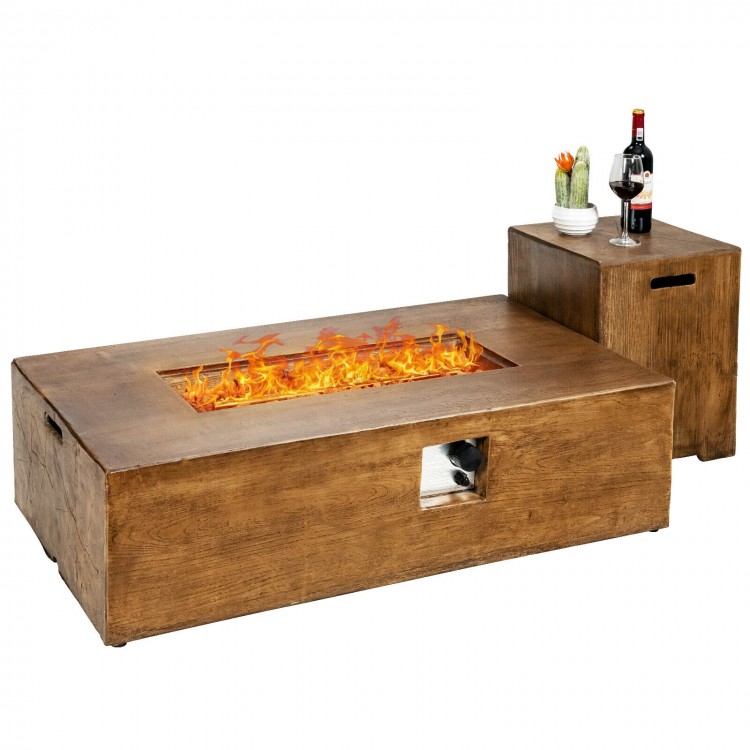 Outdoor propane fire pit table set with classic wood finish and side table for snacks, perfect for backyard gatherings.