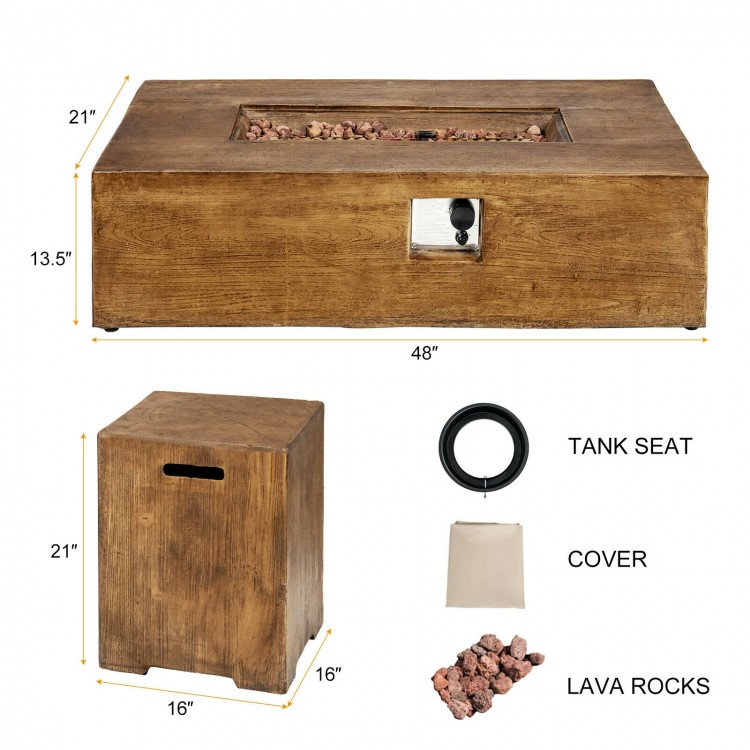 Outdoor propane fire pit table set with classic wood finish, includes tank holder, cover, and lava rocks for backyard.