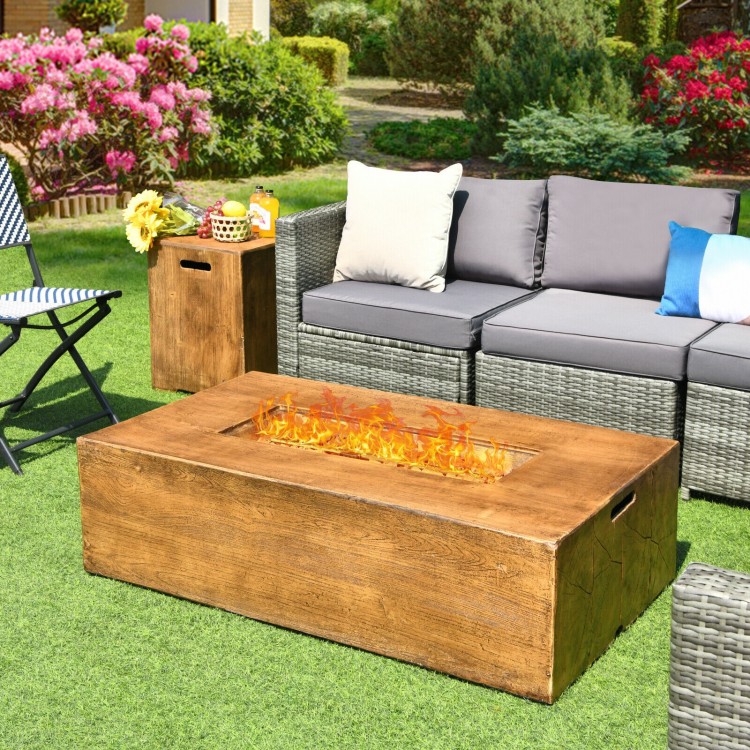 Outdoor propane fire pit table with classic wood finish, featuring a pull-out design and 50,000 BTU for cozy gatherings.
