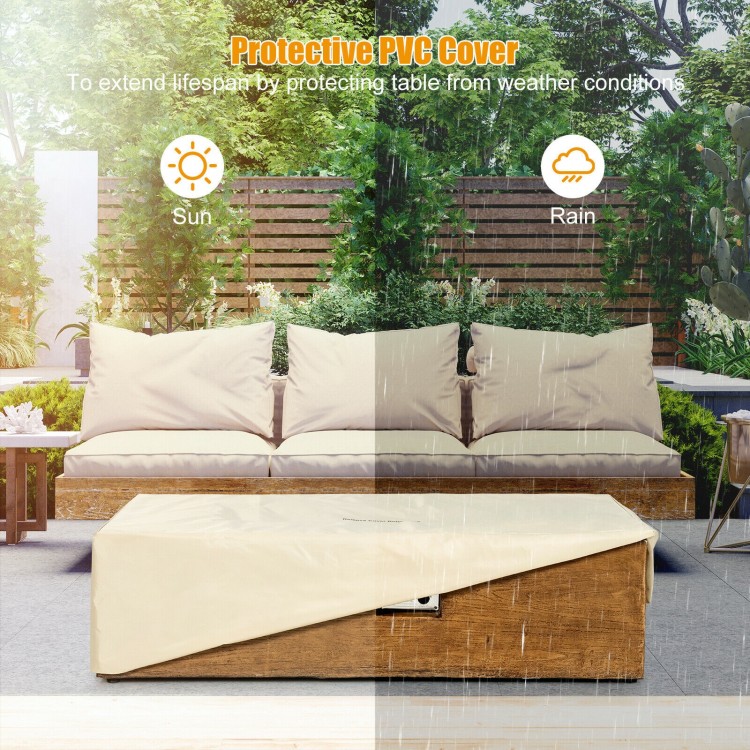 Outdoor propane fire pit table set with classic wood finish, protective cover for weather resistance, ideal for patios.