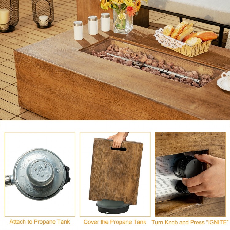 Outdoor propane fire pit table set with classic wood finish, featuring a tank holder and lava rocks for backyard.
