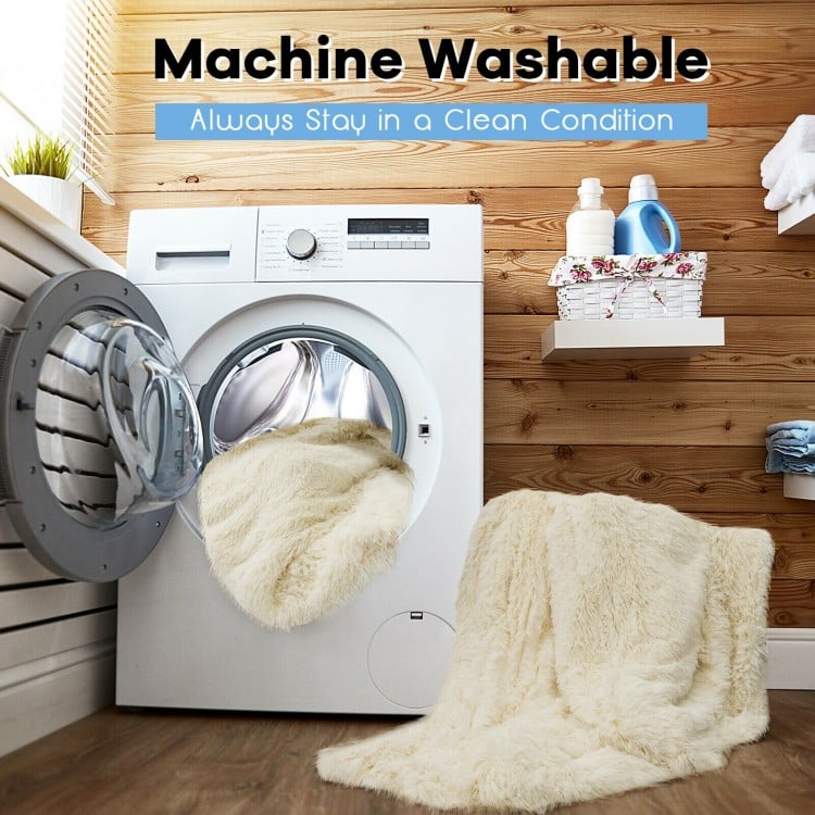 Double-sided throw blanket in beige, featuring shaggy fur and smooth velvet, machine washable for easy care and comfort.