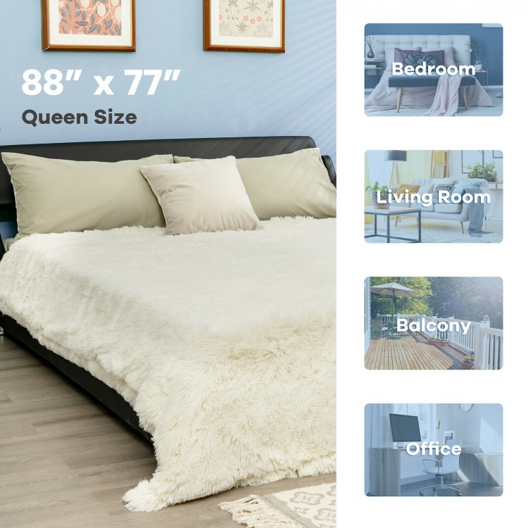 Double-sided 88 x 77 inch throw blanket in beige, featuring shaggy fur and smooth velvet, perfect for cozying up in any.