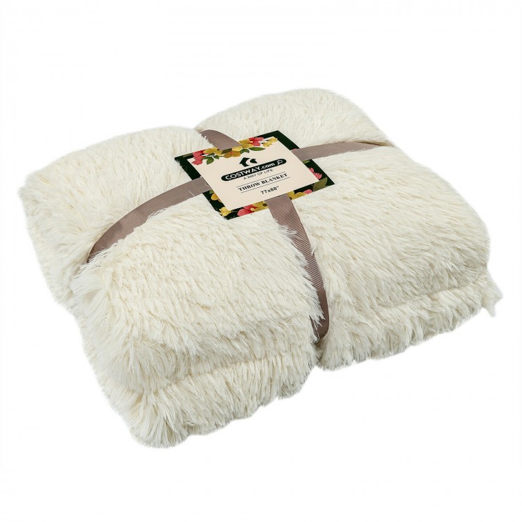 Beige throw blanket measuring 88 x 77 inches, showcasing soft shaggy fur on one side and smooth velvet on the other.