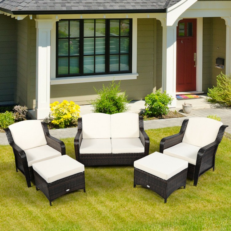 Full view of the 5-piece patio rattan sofa set featuring two single sofas, a loveseat, and two ottomans for outdoor.