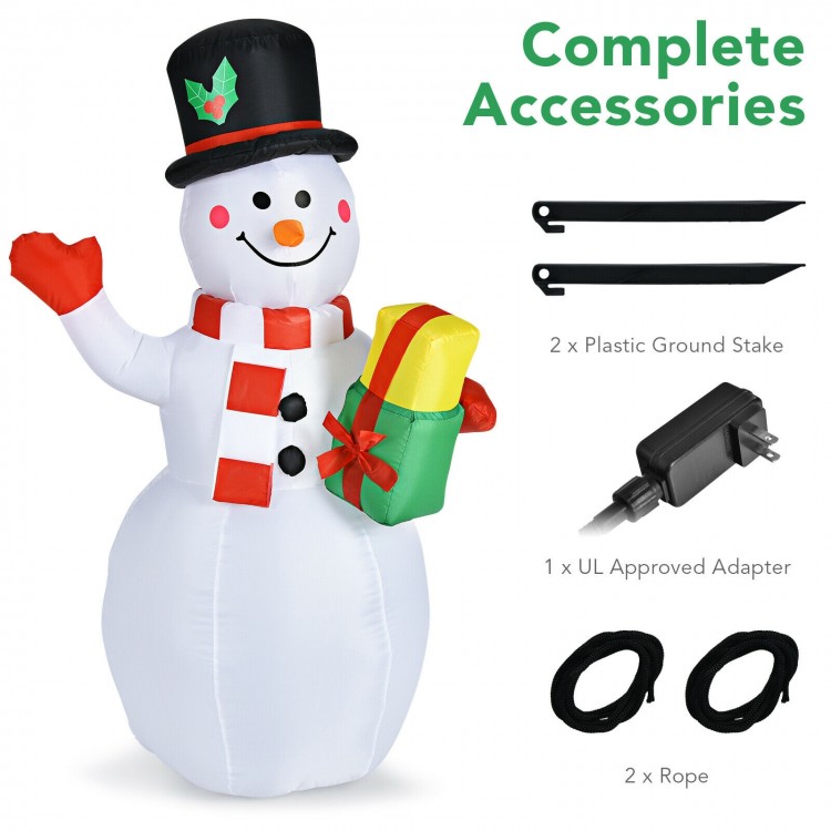 5 feet tall inflatable snowman with colorful LED lights, made of waterproof polyester, perfect for garden decoration.