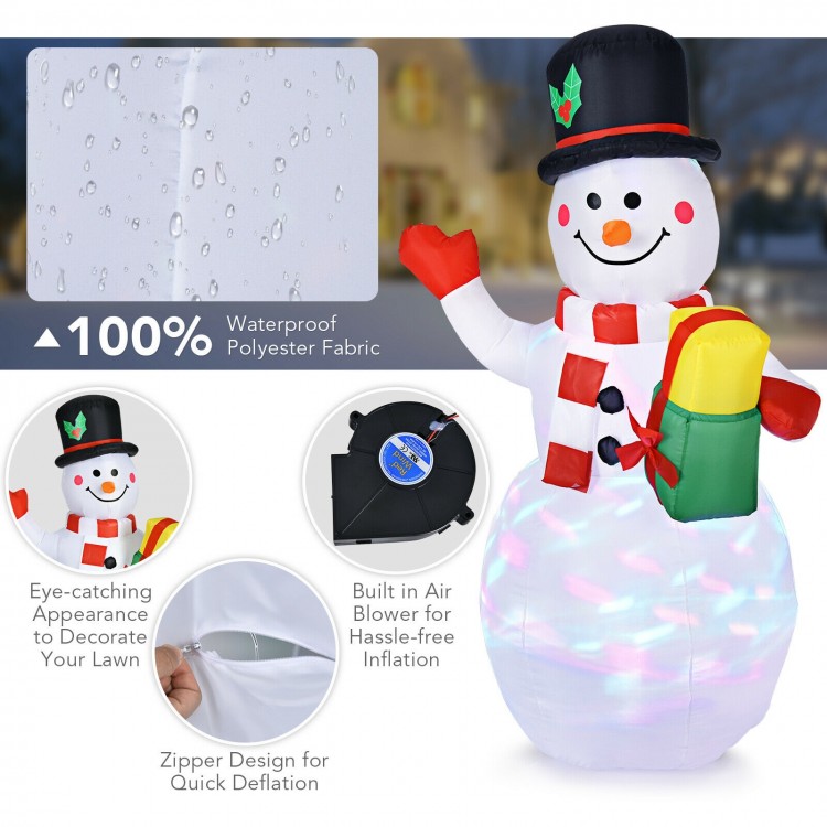 5-foot tall inflatable snowman with colorful LED lights, made of waterproof polyester, perfect for lawn decoration.