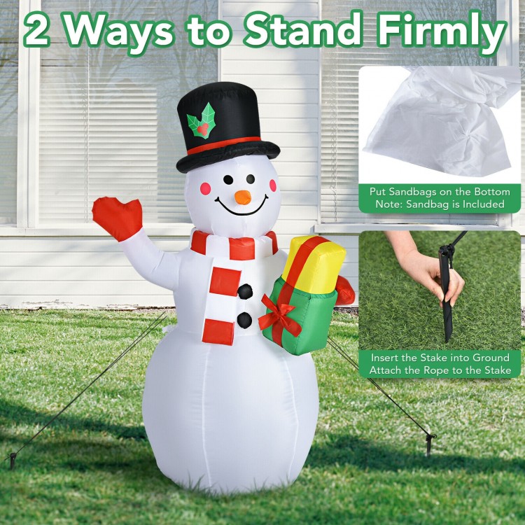 5-foot tall inflatable snowman with colorful LED lights, made of waterproof polyester, ideal for garden decoration.
