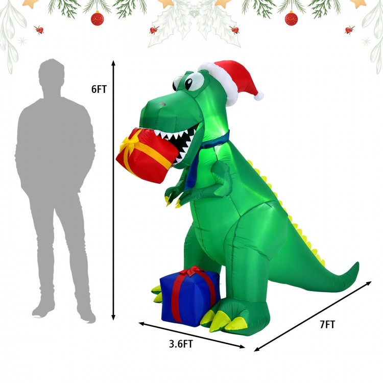 7-foot Christmas inflatable dinosaur in a Santa hat, featuring waterproof LED lights, ideal for indoor and outdoor.