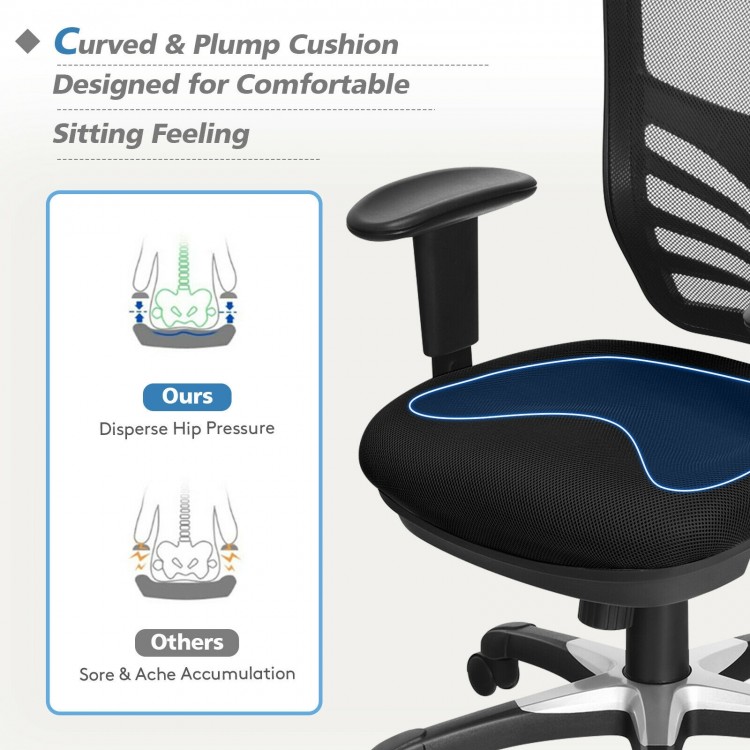 Ergonomic mesh office chair with adjustable back height and armrests, featuring a curved cushion for comfort and.