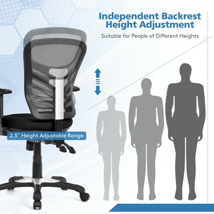 Ergonomic mesh office chair with adjustable backrest height, featuring a 2.5" range for customizable comfort.