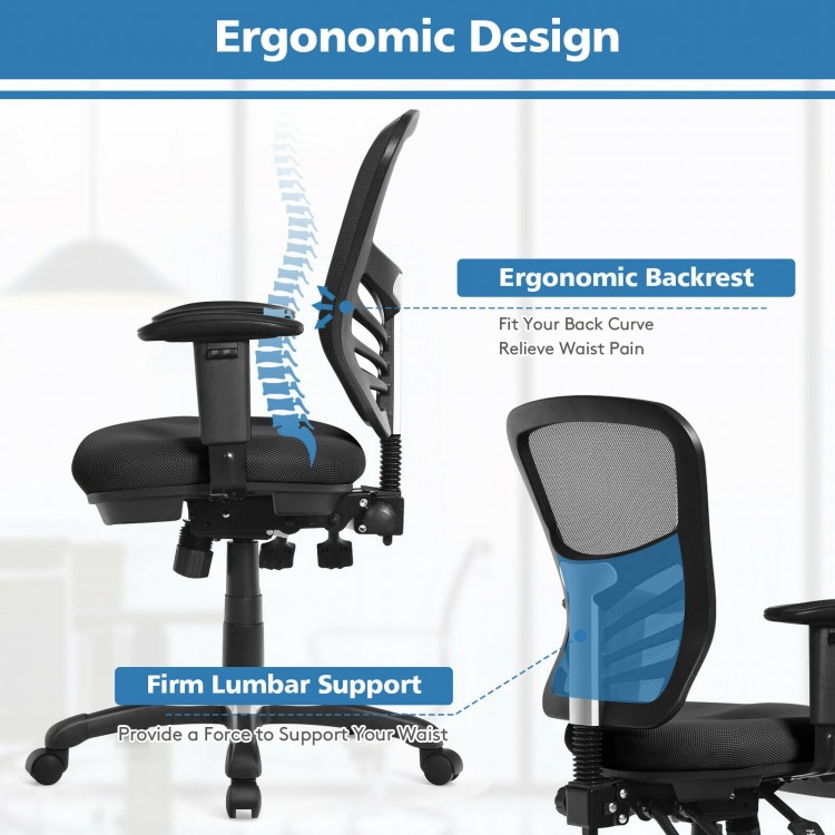 Ergonomic mesh office chair with adjustable backrest and armrests, designed for comfort and support in any workspace.