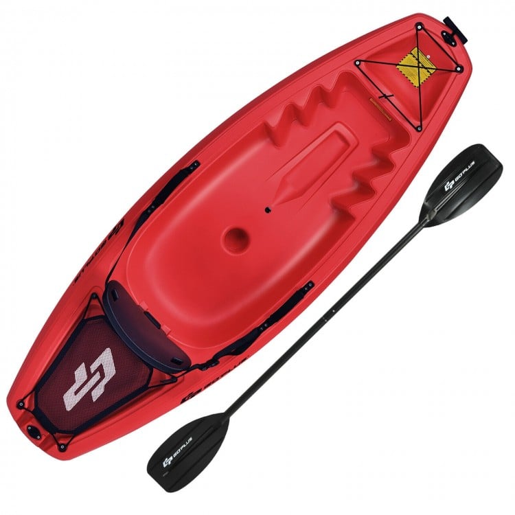 Red 6-foot youth kayak with folding backrest and bonus paddle, designed for kids over 5, featuring durable HDPF.