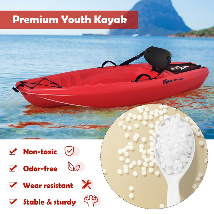 Red 6-foot youth kayak with folding backrest, non-toxic HDPF material, and cup holder for kids over 5, ideal for fun on.