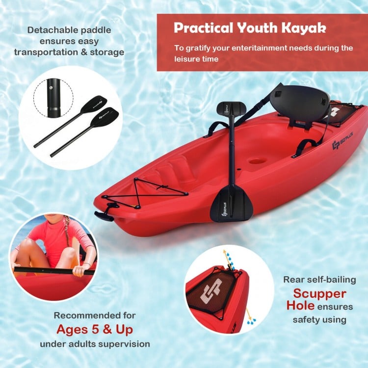 Youth kayak in red with folding backrest, designed for kids over 5, featuring durable HDPF material and easy transport.