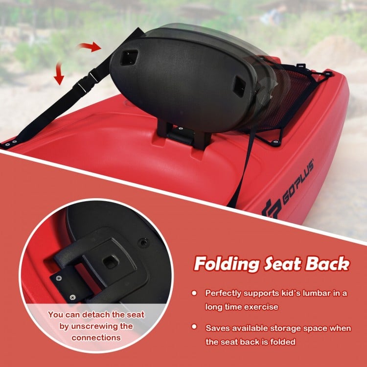Folding backrest of the 6-foot youth kayak in red, designed for comfort and support during long exercises for kids.