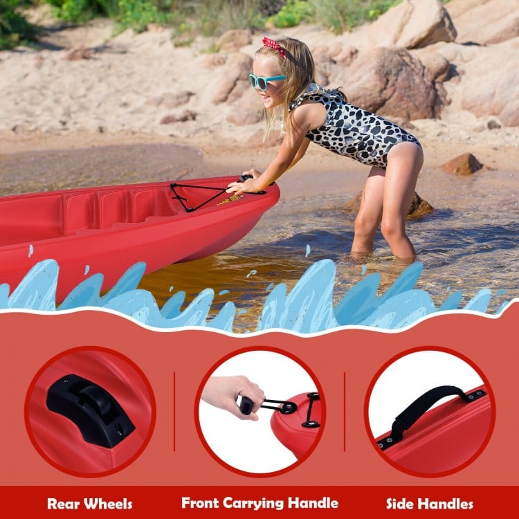 Youth kids kayak in red with front carrying handle and rear wheels, designed for easy transportation and fun on water.