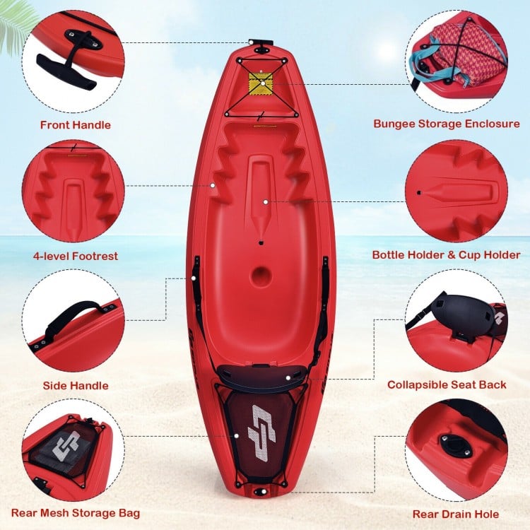 Red 6-foot youth kayak featuring a folding backrest, cup holder, and 4-position footrests for kids over 5.
