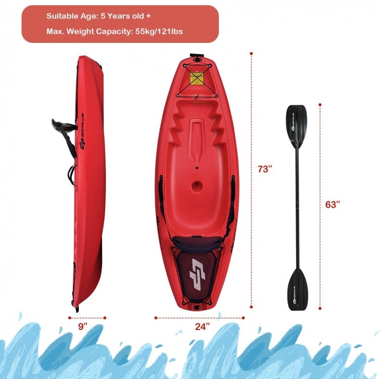 Red youth kayak with folding backrest, 4-position footrests, and bonus paddle, suitable for kids over 5 years old.