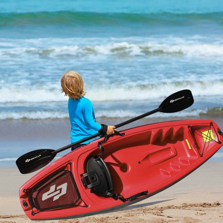 Youth kayak in red with paddle, featuring a folding backrest and footrests, perfect for kids over 5 at the beach.