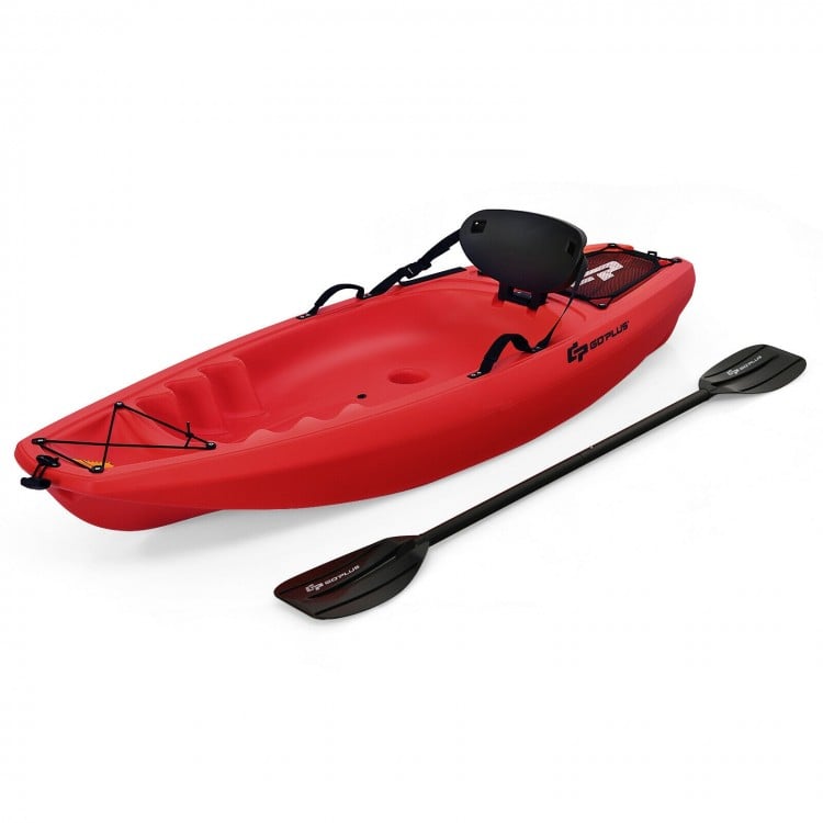 Red 6-foot youth kayak with folding backrest, bonus paddle, and footrests for kids over 5, ideal for easy.