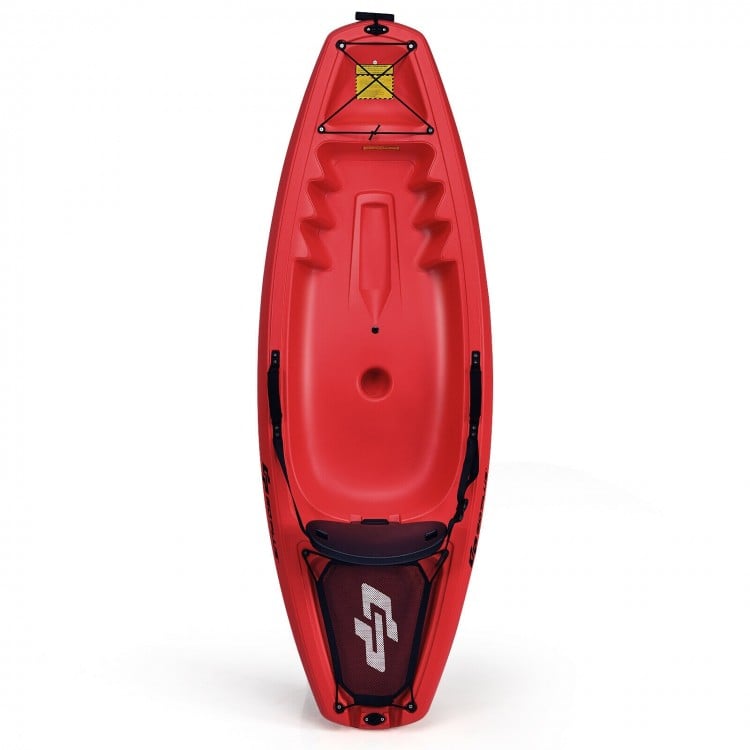 Red 6-foot youth kayak featuring a folding backrest, footrests, and storage hitches for kids over 5.