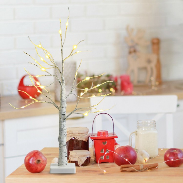 2 feet pre-lit white twig birch tree with natural bark texture, perfect for festive indoor decoration and battery.