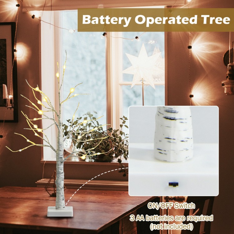 Pre-lit 2 feet white twig birch tree with bendable branches, battery operated for convenient indoor holiday decoration.