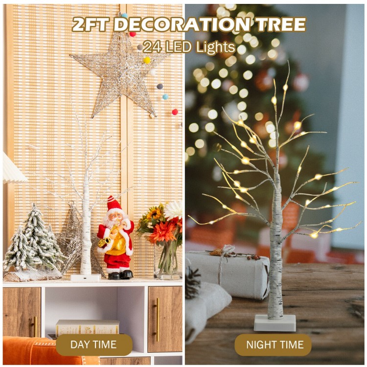 2ft pre-lit white twig birch tree with 24 LED lights, showcasing bendable branches for customizable holiday decor.