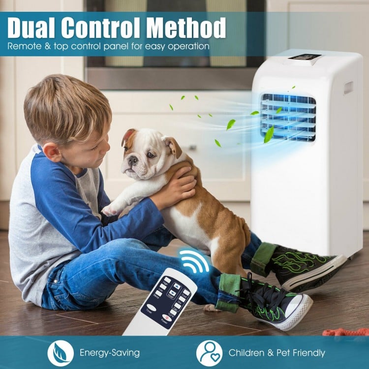 Portable 8000 BTU air conditioner with remote control, ideal for cooling spaces up to 230 sq. ft, shown in use with a.