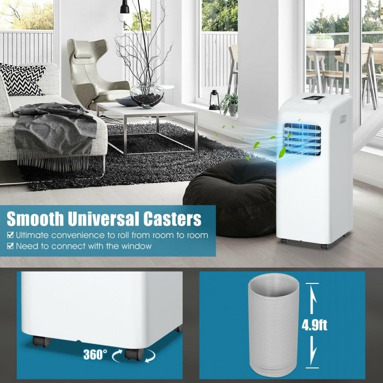 Portable 8000 BTU air conditioner with remote control and universal casters for easy mobility in spaces up to 230 sq.