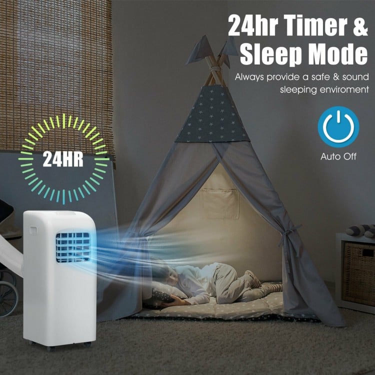 Portable 8000 BTU air conditioner with remote control, 24-hour timer, and sleep mode for effective cooling in small.