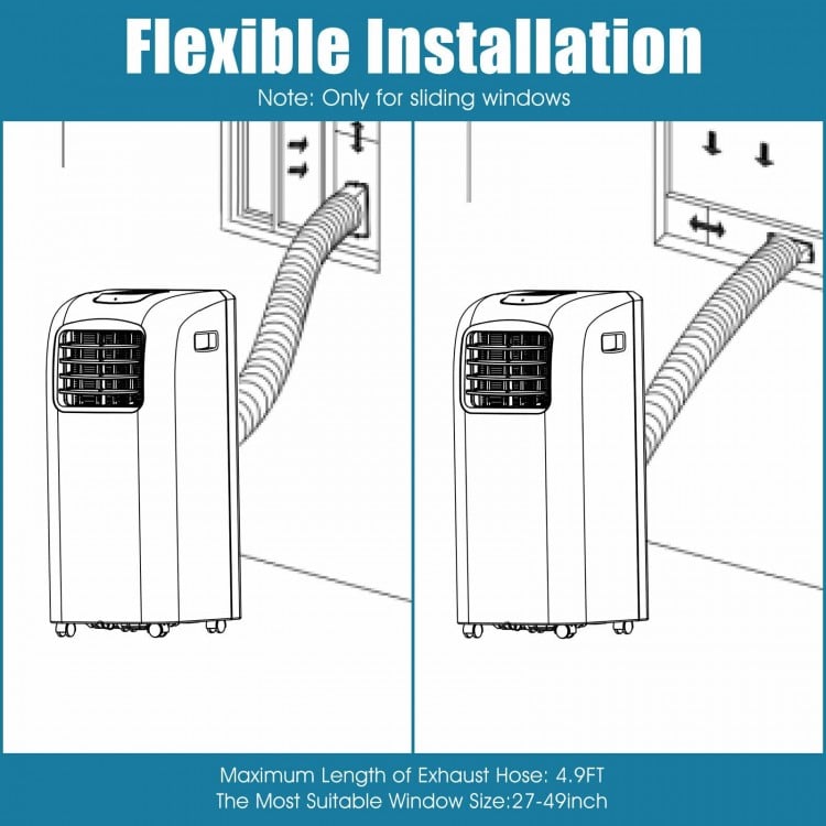 Portable 8000 BTU air conditioner with exhaust hose for sliding windows, ideal for cooling spaces up to 230 sq. ft.