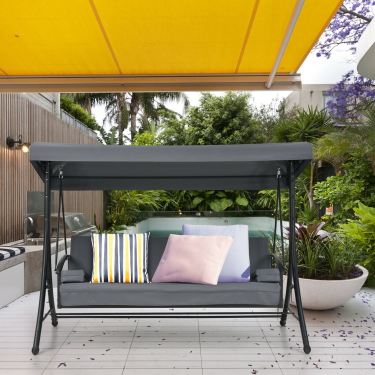 Three-seat gray patio swing with adjustable canopy, featuring removable cushions and a durable design for outdoor.
