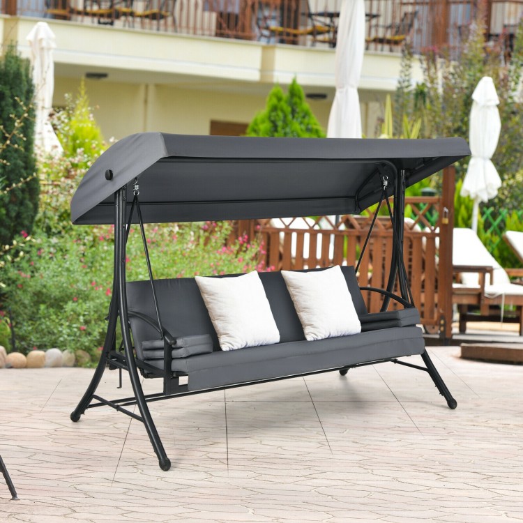 3-seat patio outdoor swing with adjustable tilt canopy in gray, featuring removable cushions and durable fabric for.
