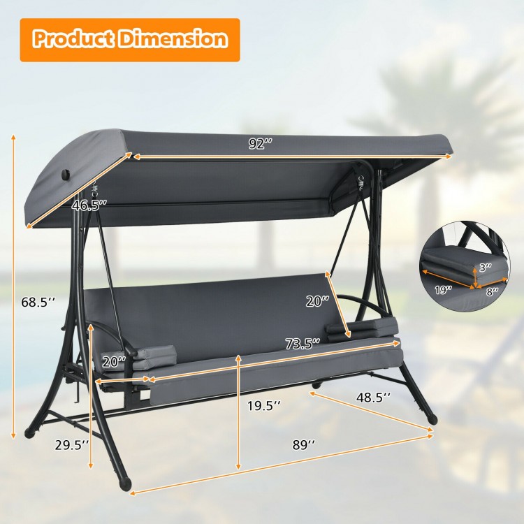 Product dimensions of a 3-seat patio outdoor swing with adjustable tilt canopy in gray, showcasing measurements for.