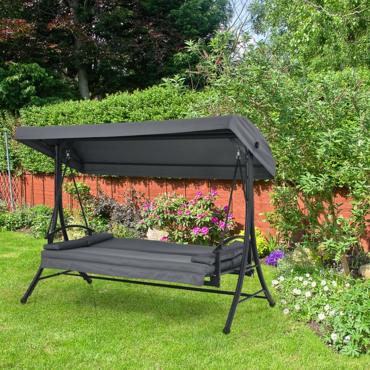 Gray 3-seat patio outdoor swing with adjustable tilt canopy, suitable for relaxation in gardens or backyards.