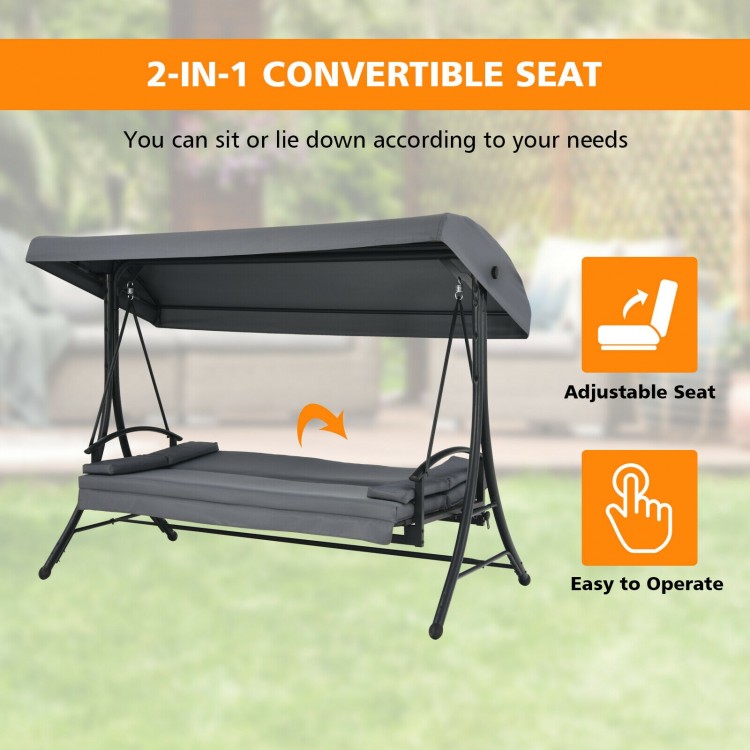 3-seat patio outdoor swing with adjustable canopy, convertible seat, and removable head cushions for versatile comfort.