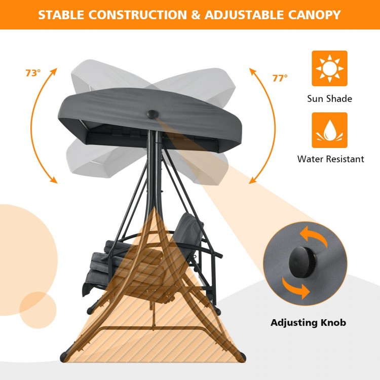 3-seat patio outdoor swing with adjustable canopy, gray fabric, durable construction, ideal for relaxing in the sun.