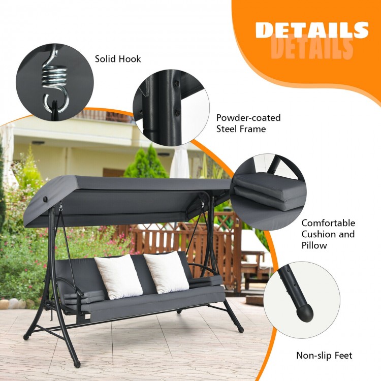 3-seat patio outdoor swing in gray with adjustable canopy, comfortable cushions, and sturdy steel frame for relaxation.